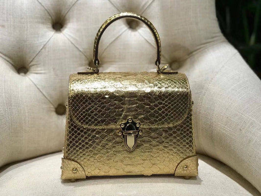 Mini Python Leather Rivet Top Handle Cross Body Bags Gold