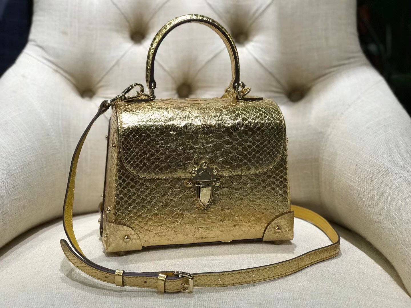 Mini Python Leather Rivet Top Handle Cross Body Bags Gold