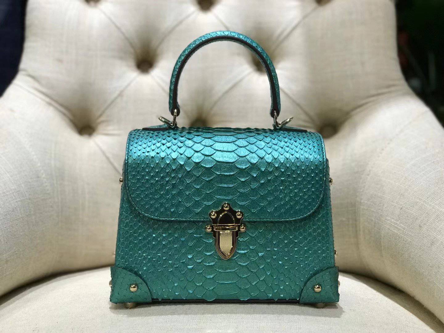 Mini Python Leather Rivet Top Handle Cross Body Bags Green