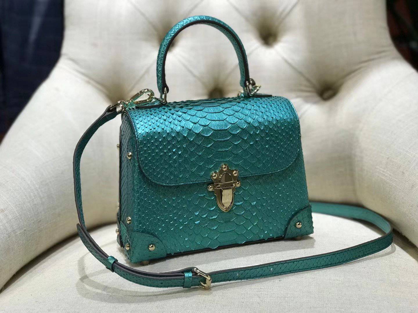 Mini Python Leather Rivet Top Handle Cross Body Bags Green