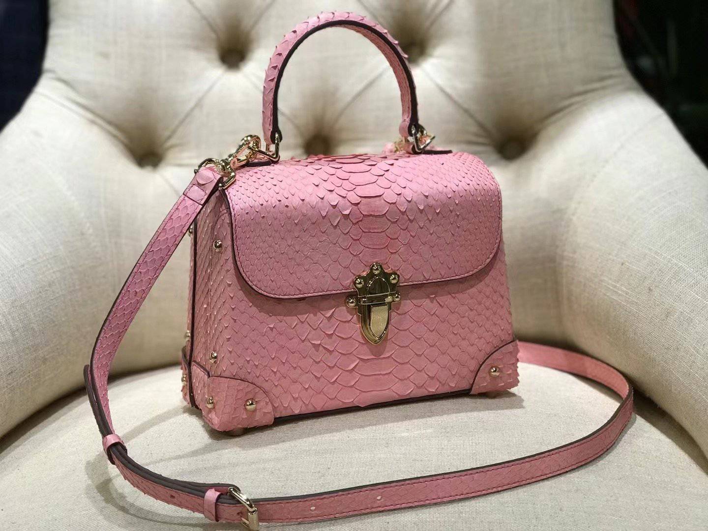 Mini Python Leather Rivet Top Handle Cross Body Bags  Pink