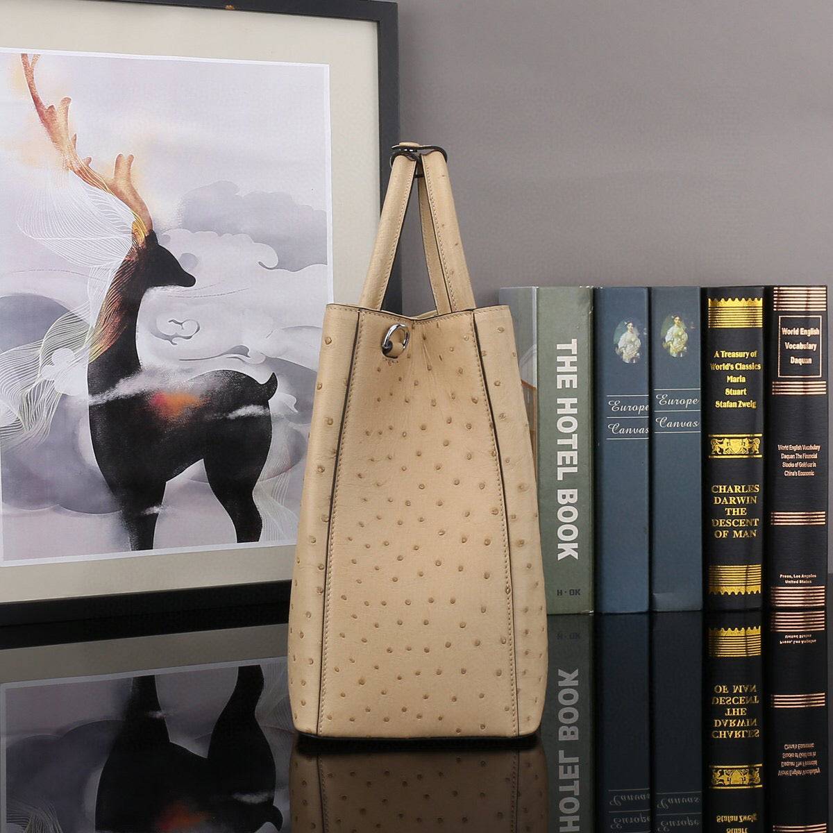 Ostrich Leather Top Handle Shoulder Bags 32cm