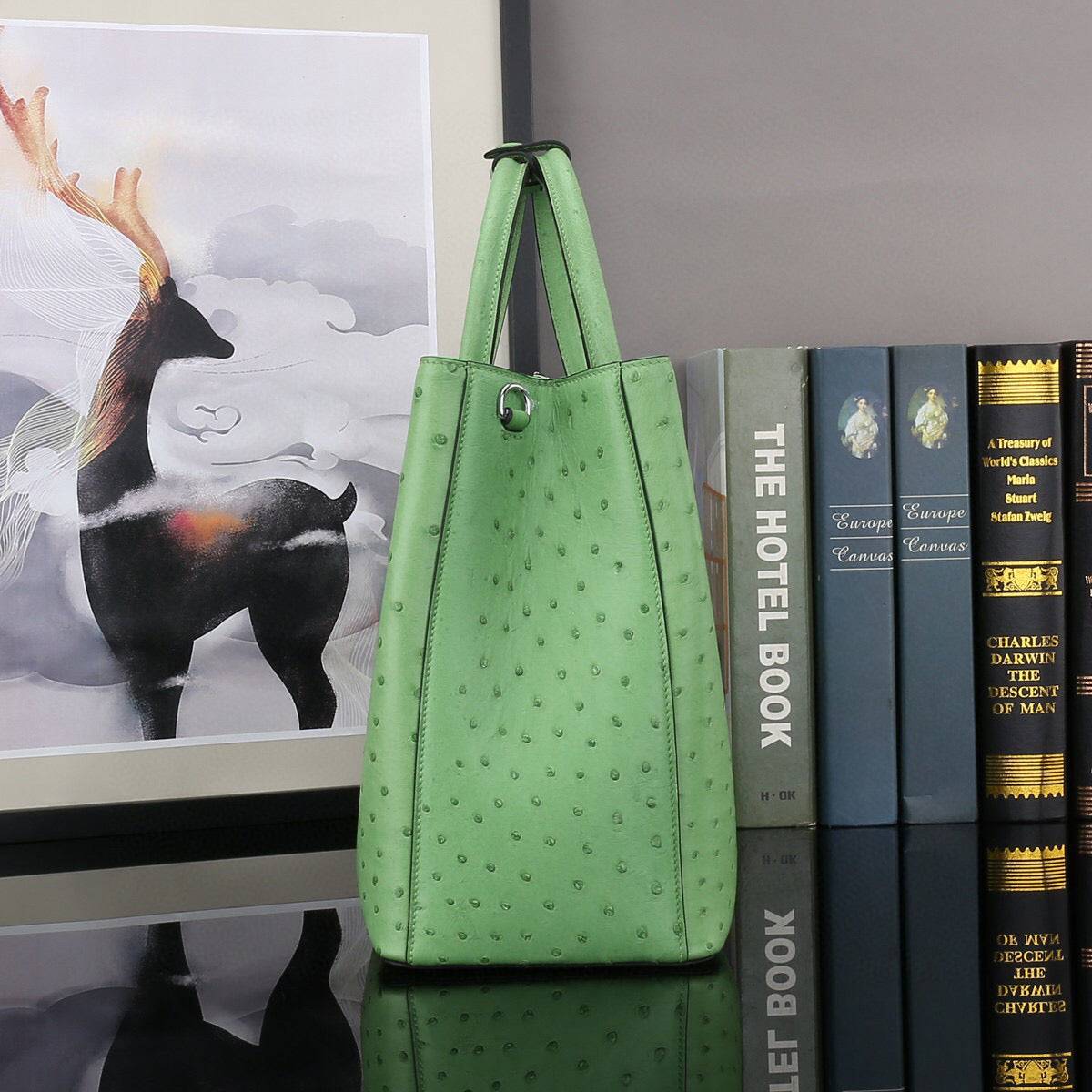 Ostrich Leather Top Handle Shoulder Bags 32cm Green