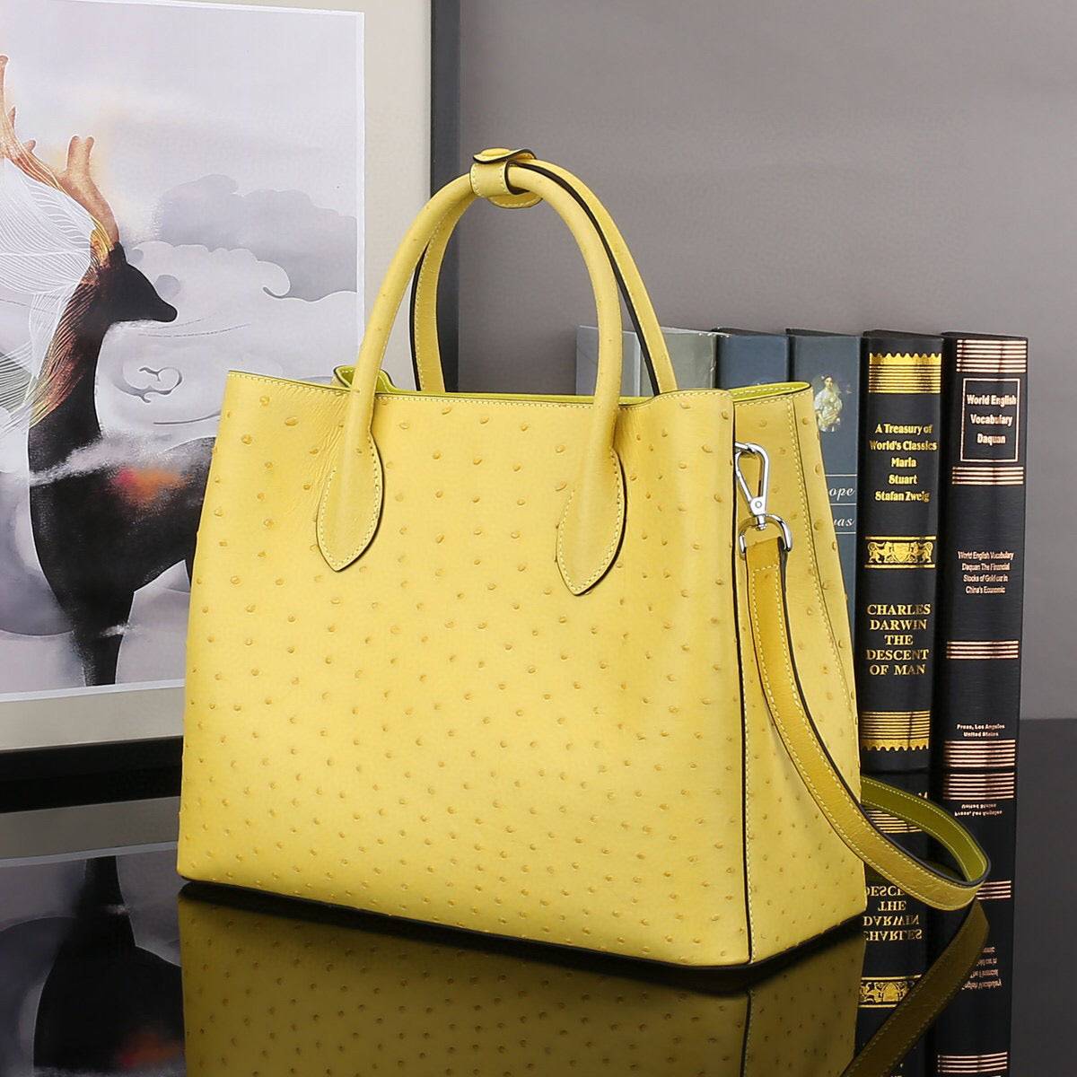 Ostrich Leather Top Handle Shoulder Bags 32cm Yellow