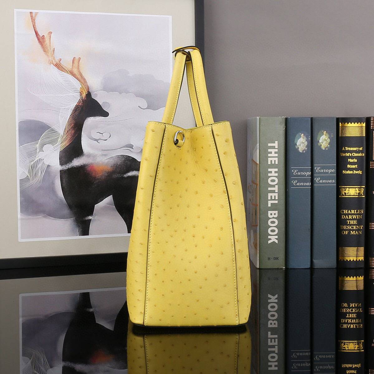 Ostrich Leather Top Handle Shoulder Bags 32cm Yellow