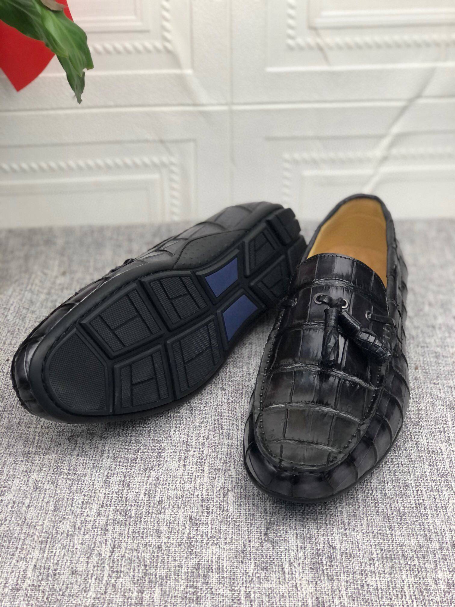 Preorder Crocodile  Leather Shoes Mens Slip-On Driving Loafer Shoes With Tassle Vintage Dark Grey