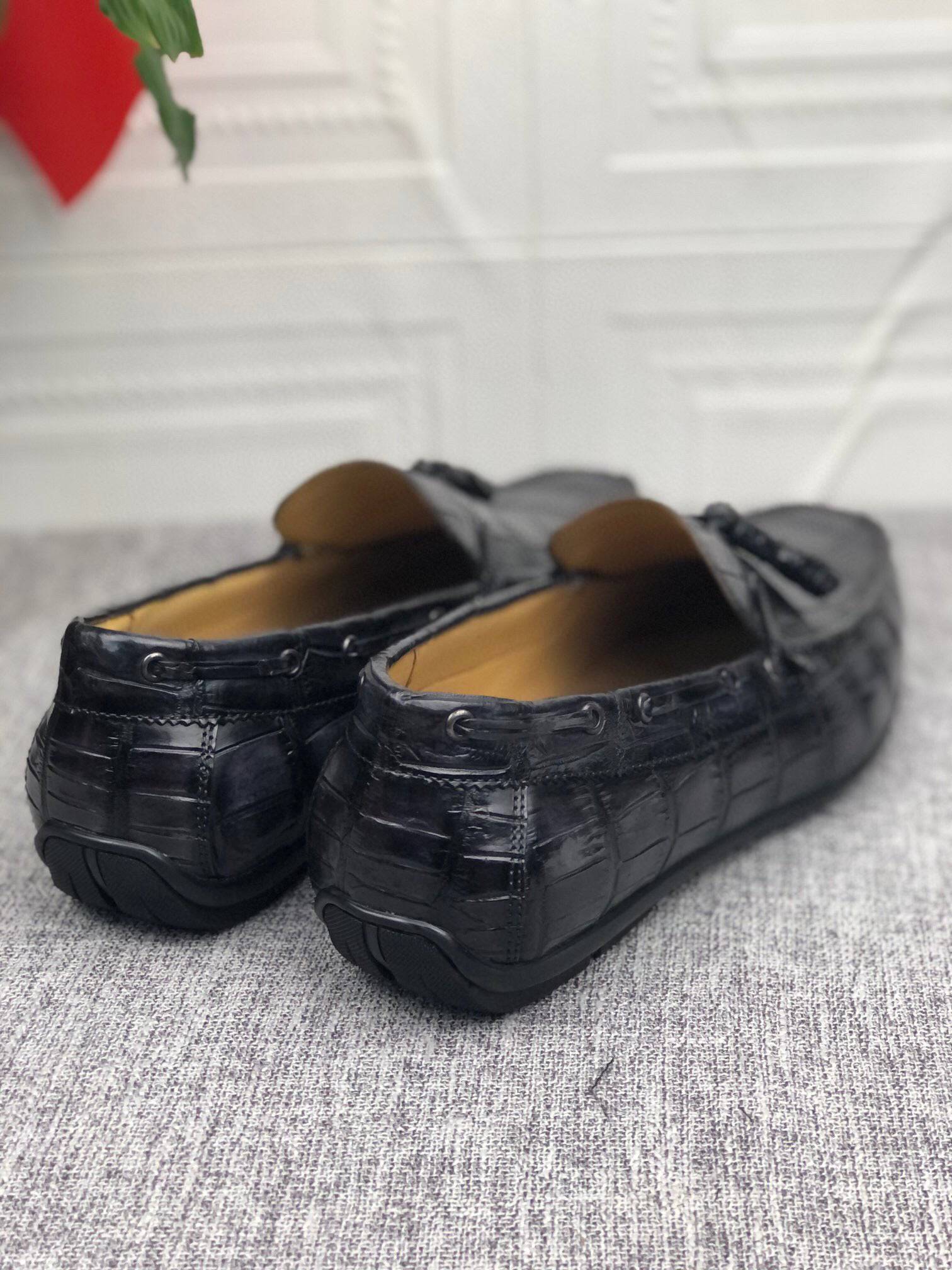 Preorder Crocodile  Leather Shoes Mens Slip-On Driving Loafer Shoes With Tassle Vintage Dark Grey