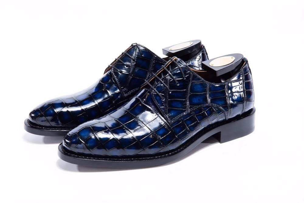 Preorder Handmade Men Crocodile Leather Lace-Up Shoes Dark Blue