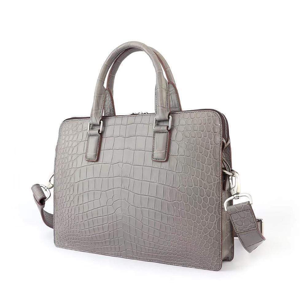 Preorder Men's Crocodile  Leather Briefcase with Front Zip Pocket Dark Grey