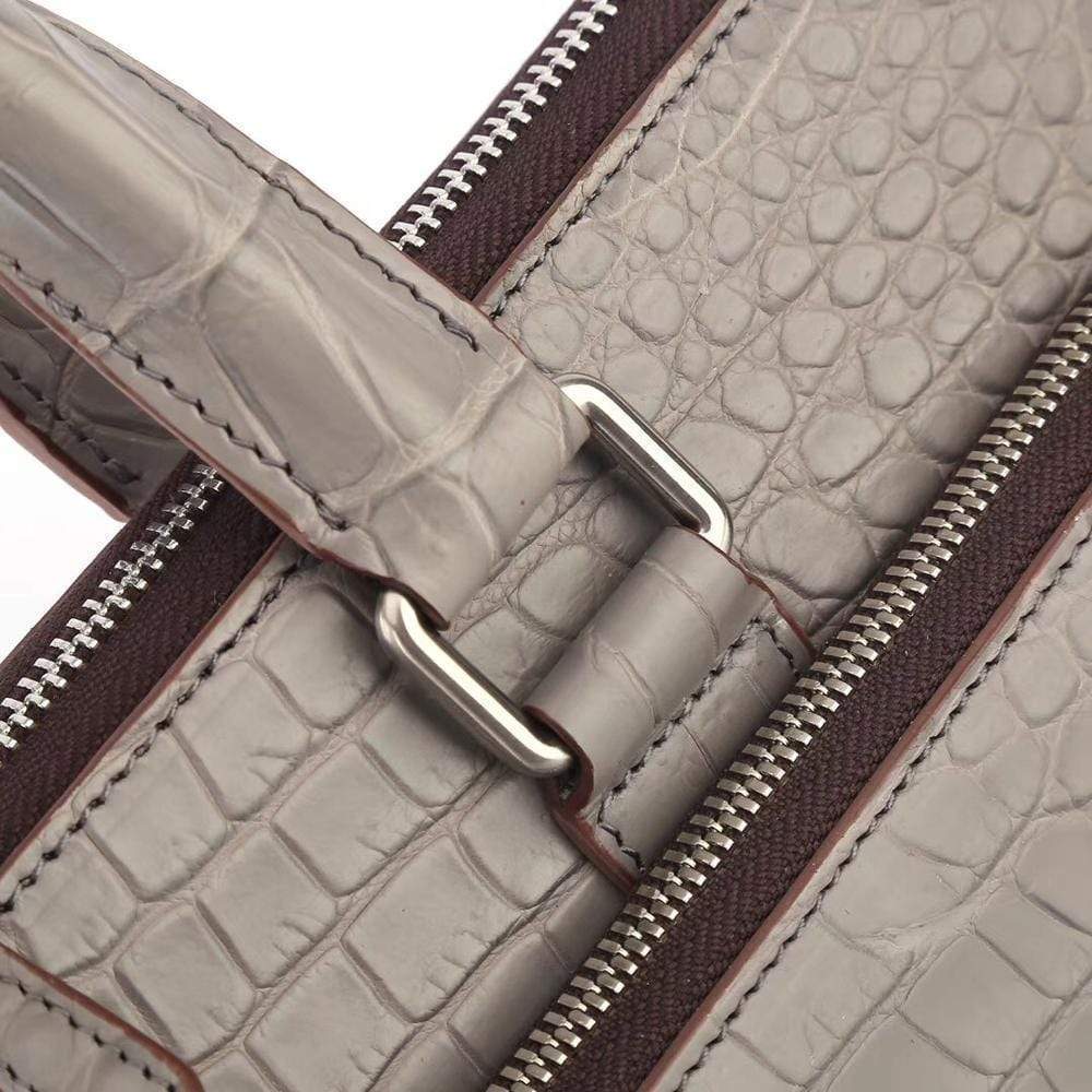 Preorder Men's Crocodile  Leather Briefcase with Front Zip Pocket Dark Grey