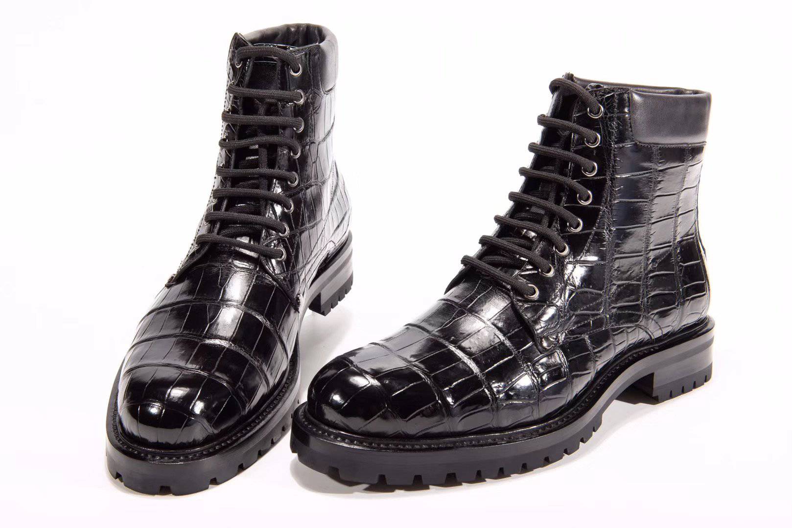 Preorder Mens Boots Genuine Crocodile Skin Leather High-top Lace Up  Anti-Slip Boot Black