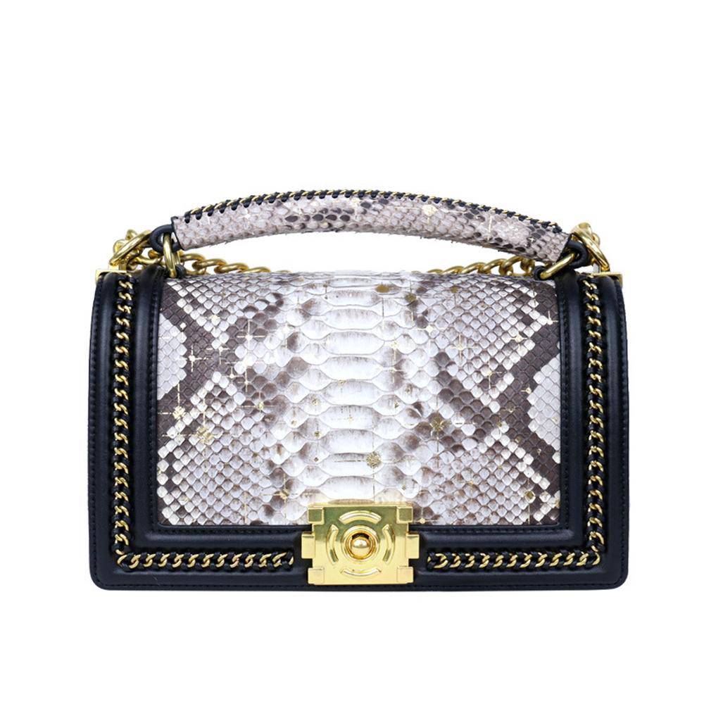 Python Leather Flap Chain Shoulder Cross Body Bag