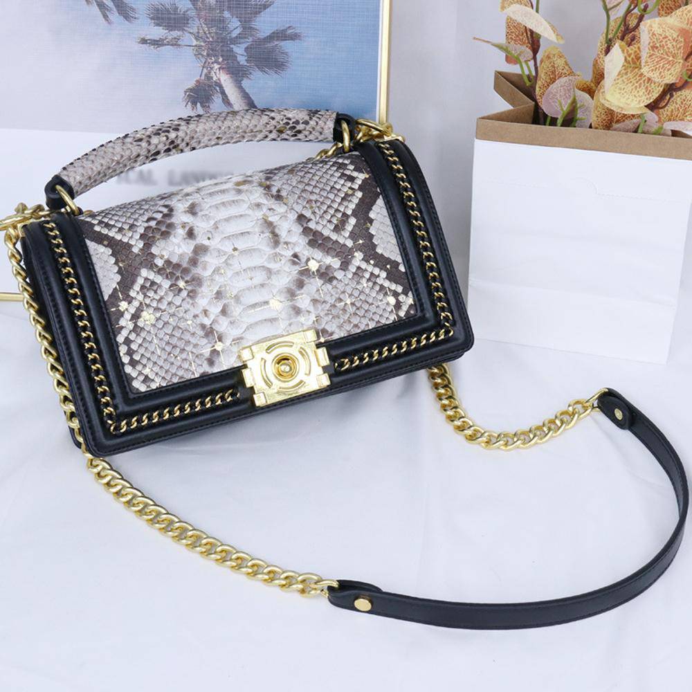 Python Leather Flap Chain Shoulder Cross Body Bag