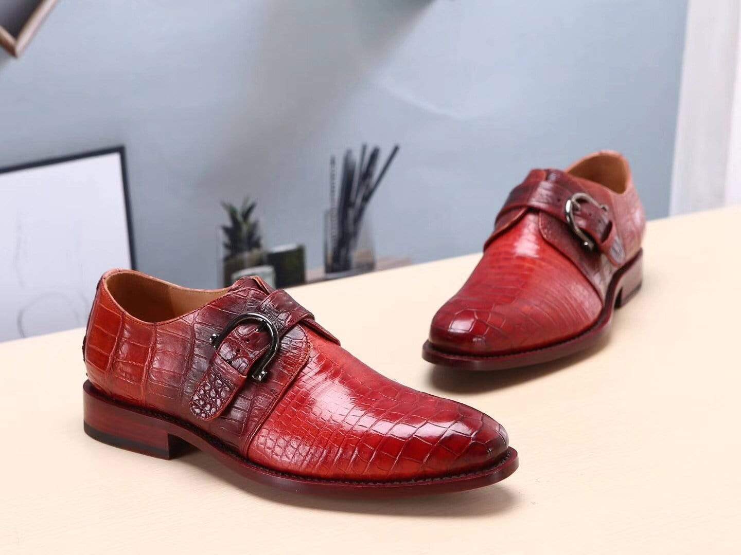 Crocodile Shoes Red Mens Shoes Genuine Leather Monk Shoes ,Goodyear Sole