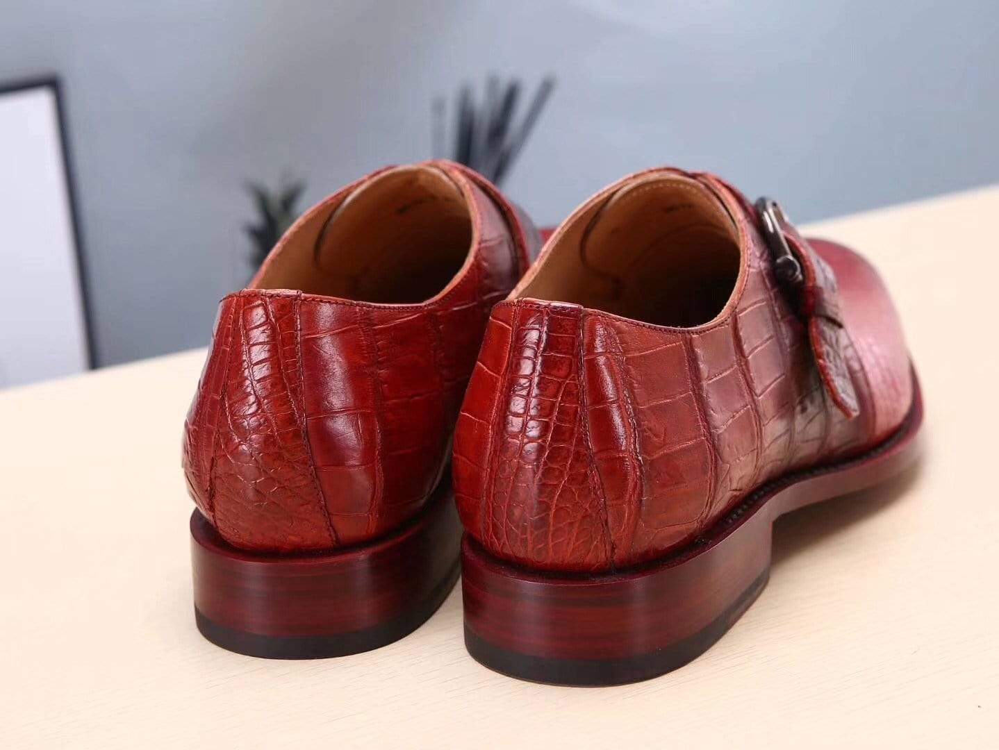 Crocodile Shoes Red Mens Shoes Genuine Leather Monk Shoes ,Goodyear Sole