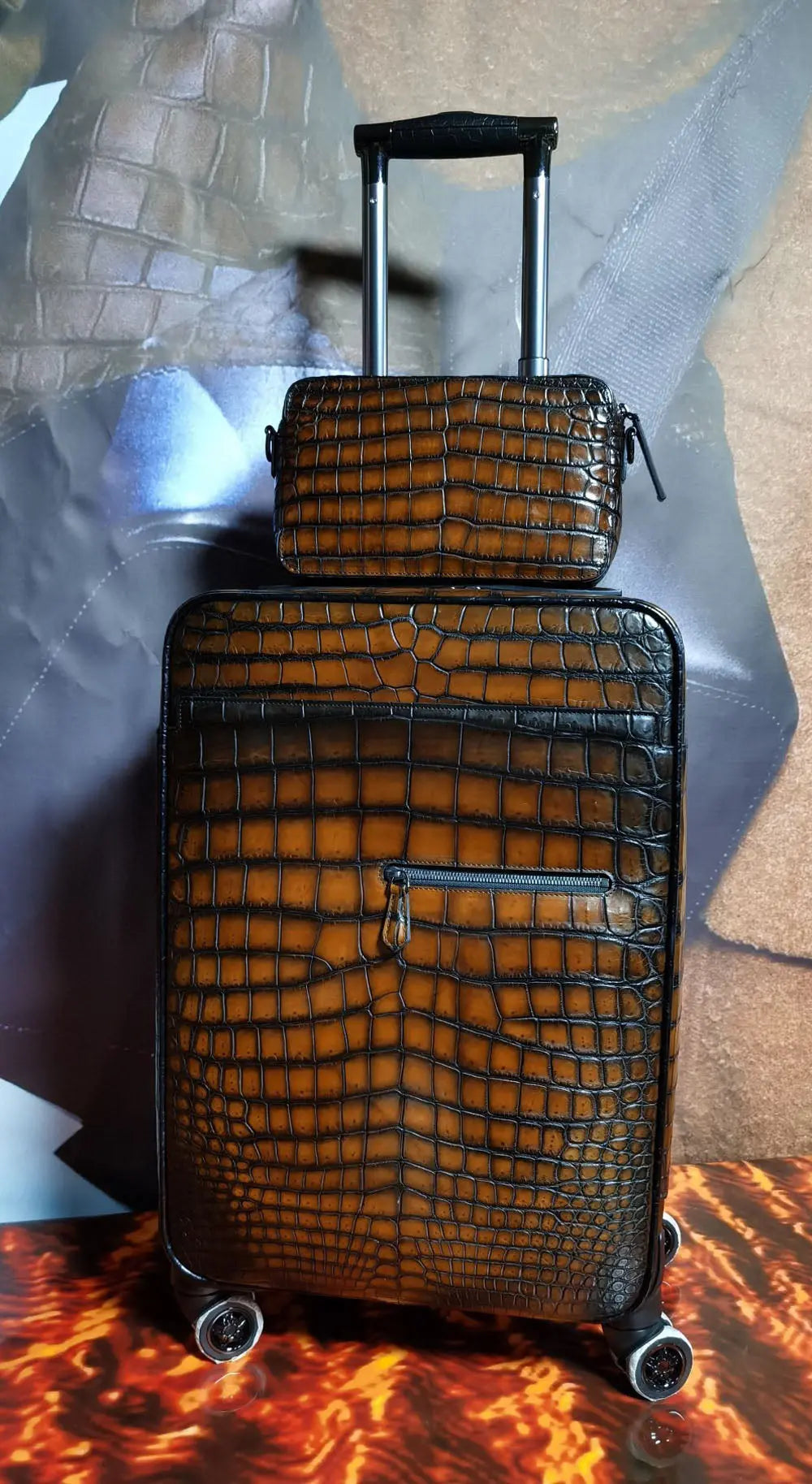 Retro Brown Crocodile Leather Trolley/Roll Aboard Suitcase Weekend/Travel Bag Trolley Case Universal Wheels 20-Inch