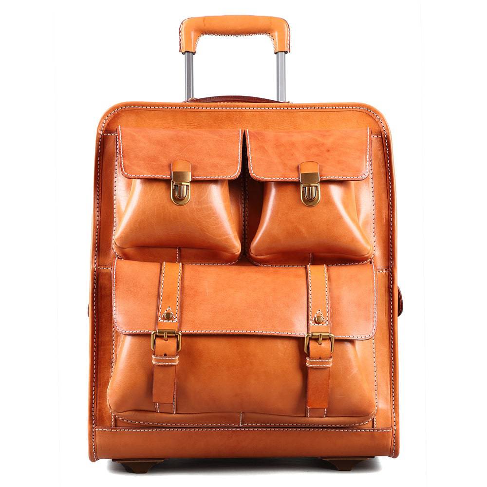 Men Business Genuine Vegetable Tanned Leather Rolling Luggage Spinner Retro Wheel Business Large Capacity Suitcase Bag 22 inch Women Multifunction Trolleys Travel Bag