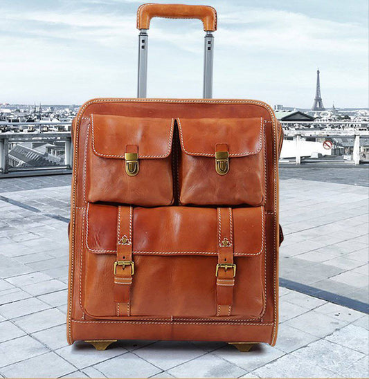 Men Business Genuine Vegetable Tanned Leather Rolling Luggage Spinner Retro Wheel Business Large Capacity Suitcase Bag 22 inch Women Multifunction Trolleys Travel Bag