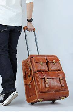 Men Business Genuine Vegetable Tanned Leather Rolling Luggage Spinner Retro Wheel Business Large Capacity Suitcase Bag 22 inch Women Multifunction Trolleys Travel Bag