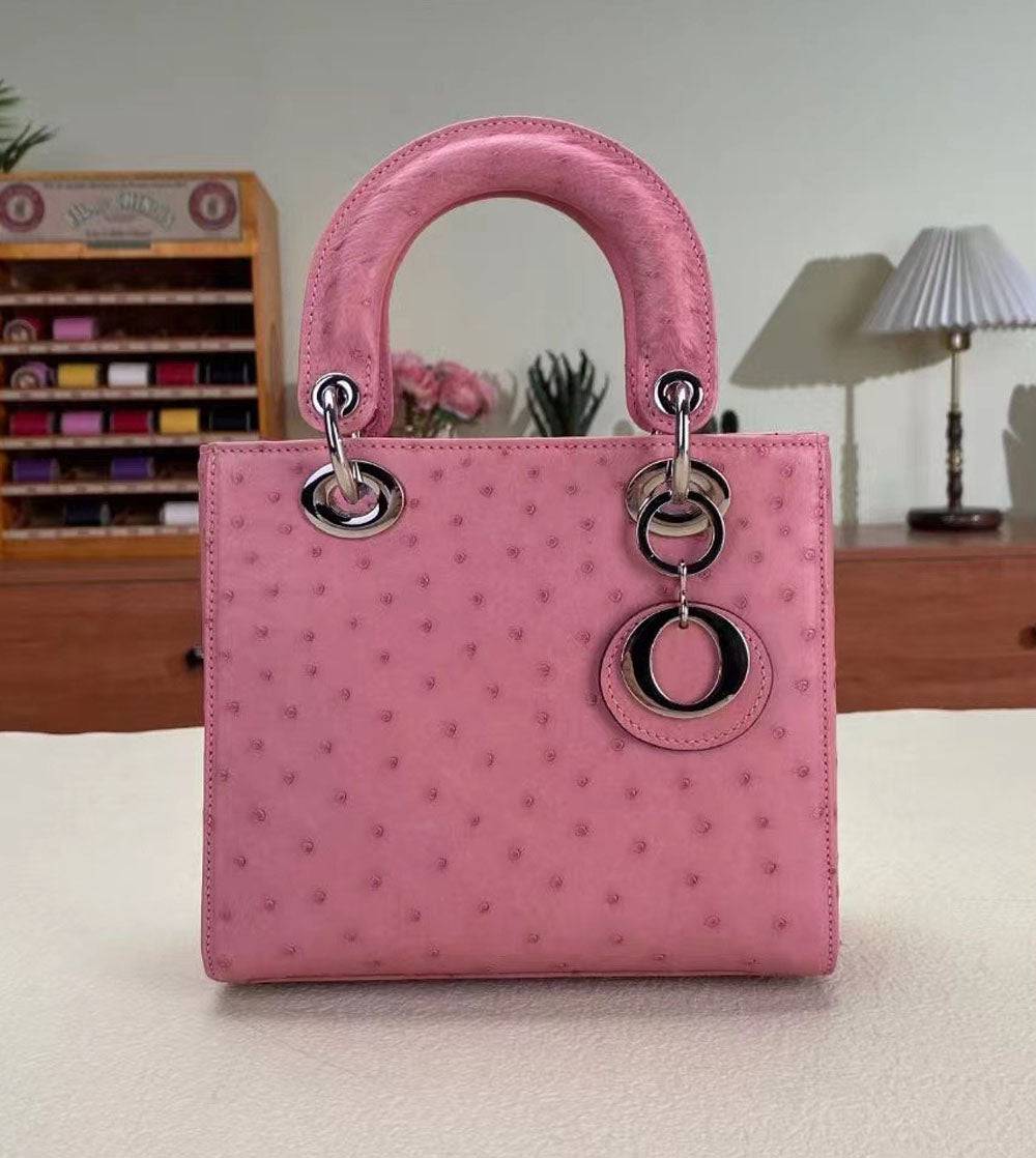 Small Genuine Ostrich Leather  Top Handle Bag Pink