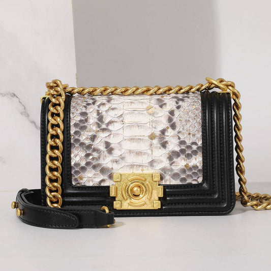 Small Python Leather Flap Chain Shoulder Cross Body Bag