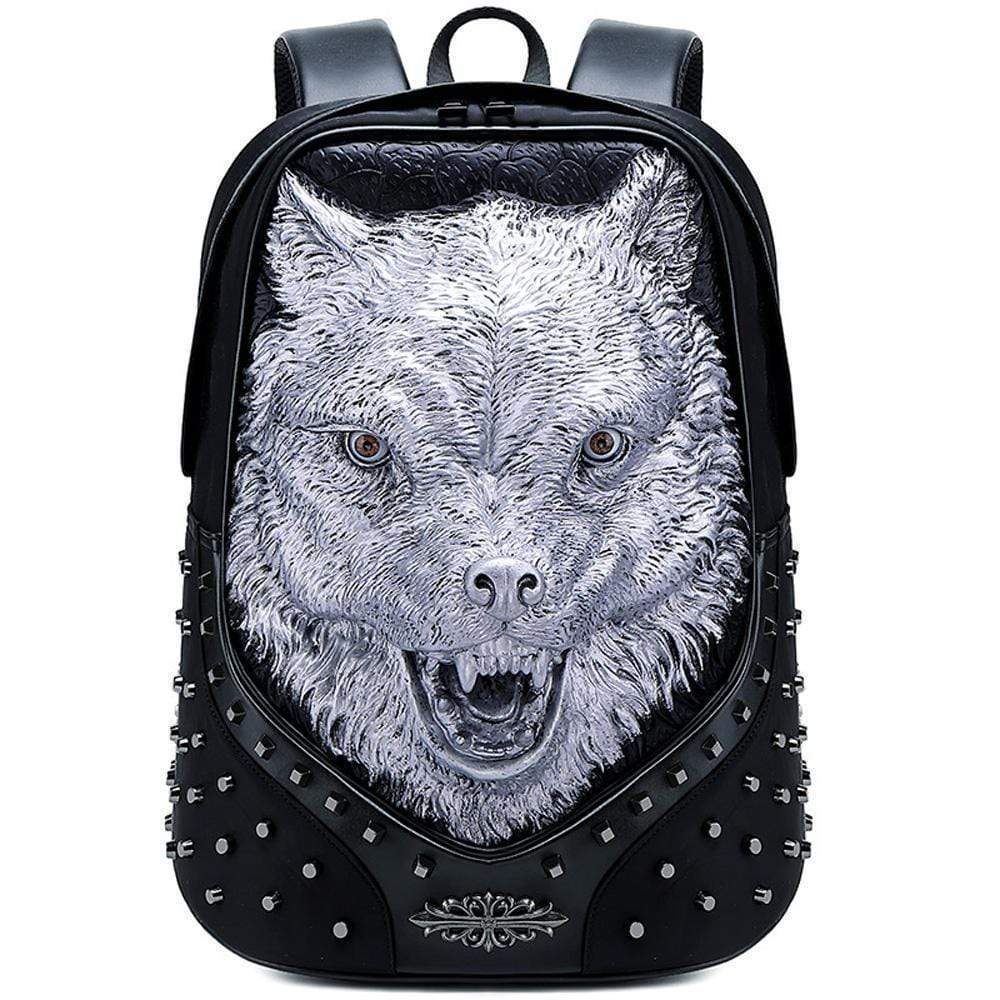 Studded Backpack Unisex 3D Angry Wolf PU Leather Casual Laptop Rivet Large Fashion Backpack