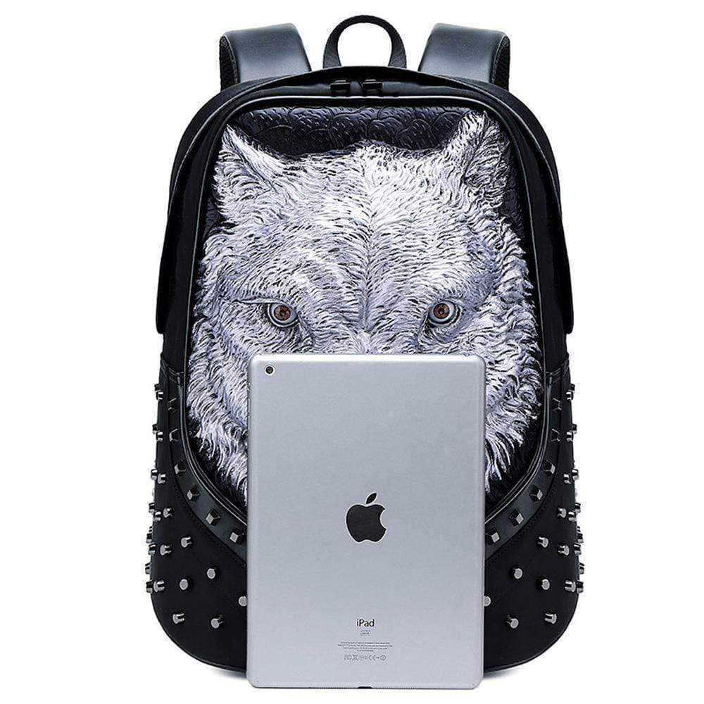 Studded Backpack Unisex 3D Angry Wolf PU Leather Casual Laptop Rivet Large Fashion Backpack