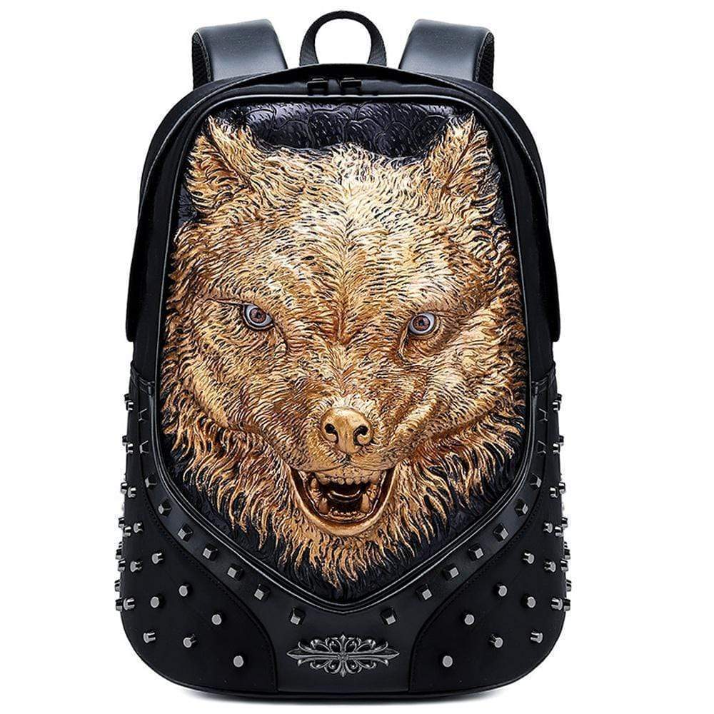 Studded Backpack Unisex 3D Angry Wolf PU Leather Casual Laptop Rivet Large Fashion Backpack