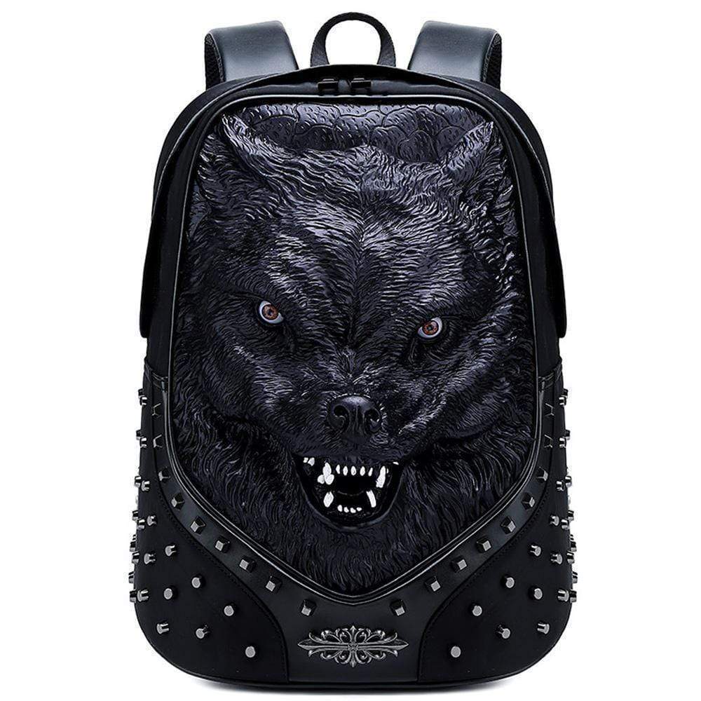 Studded Backpack Unisex 3D Angry Wolf PU Leather Casual Laptop Rivet Large Fashion Backpack