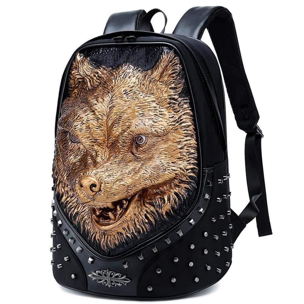 Studded Backpack Unisex 3D Angry Wolf PU Leather Casual Laptop Rivet Large Fashion Backpack