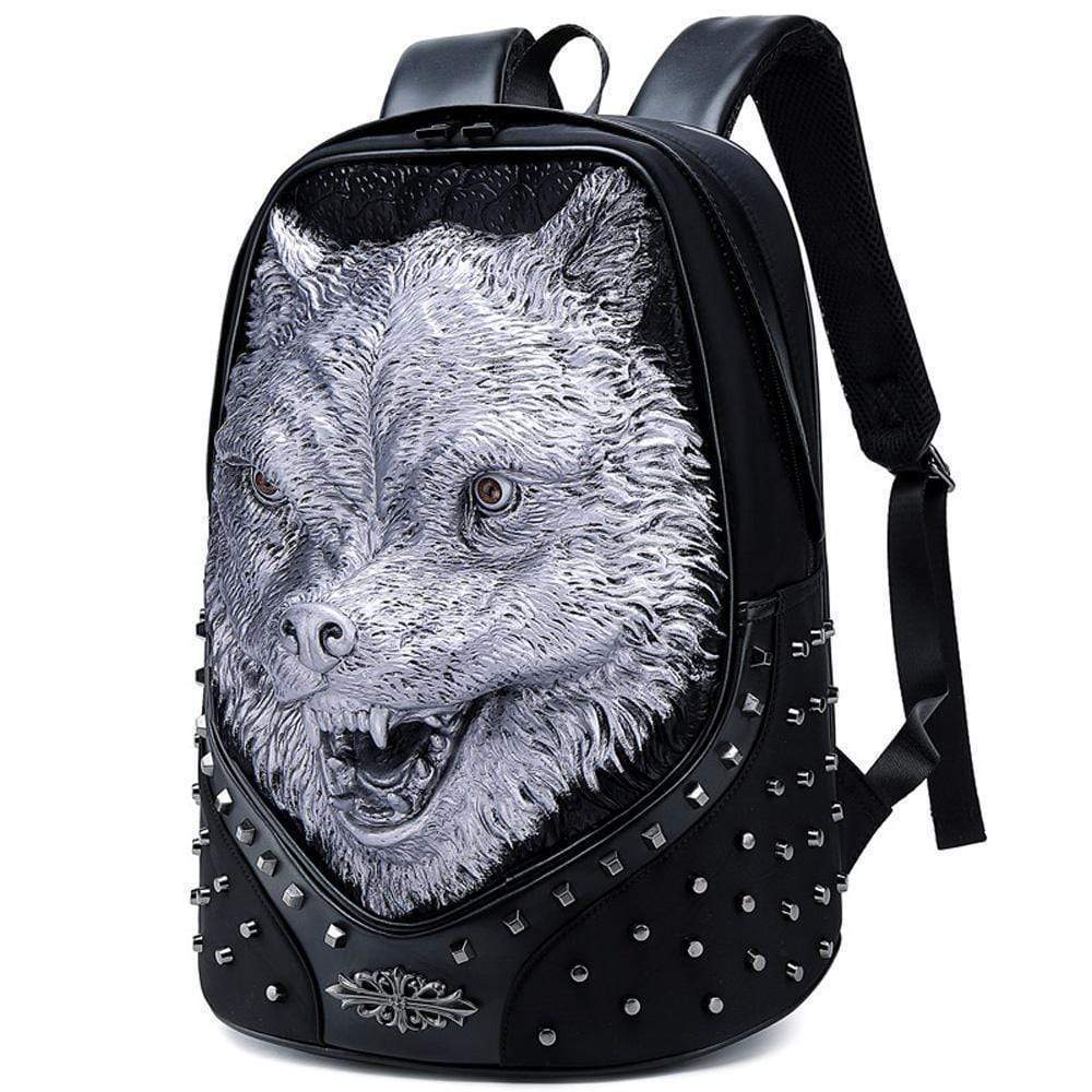 Studded Backpack Unisex 3D Angry Wolf PU Leather Casual Laptop Rivet Large Fashion Backpack