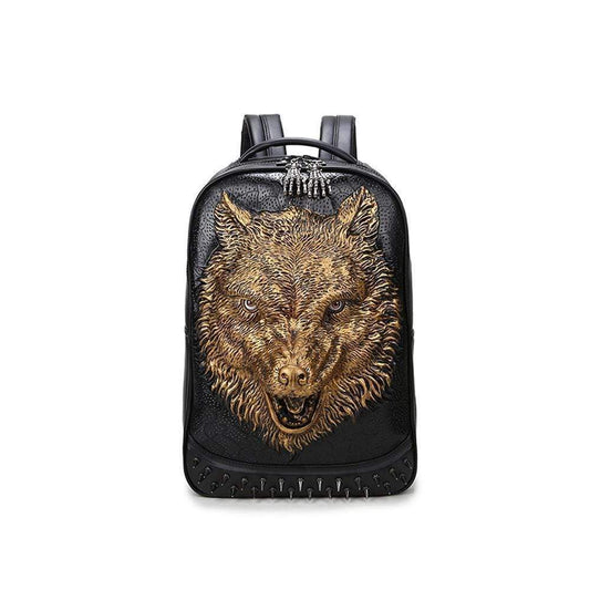 Unisex 3D Angry Wolf PU Leather Casual Laptop Rivet Fashion Backpack