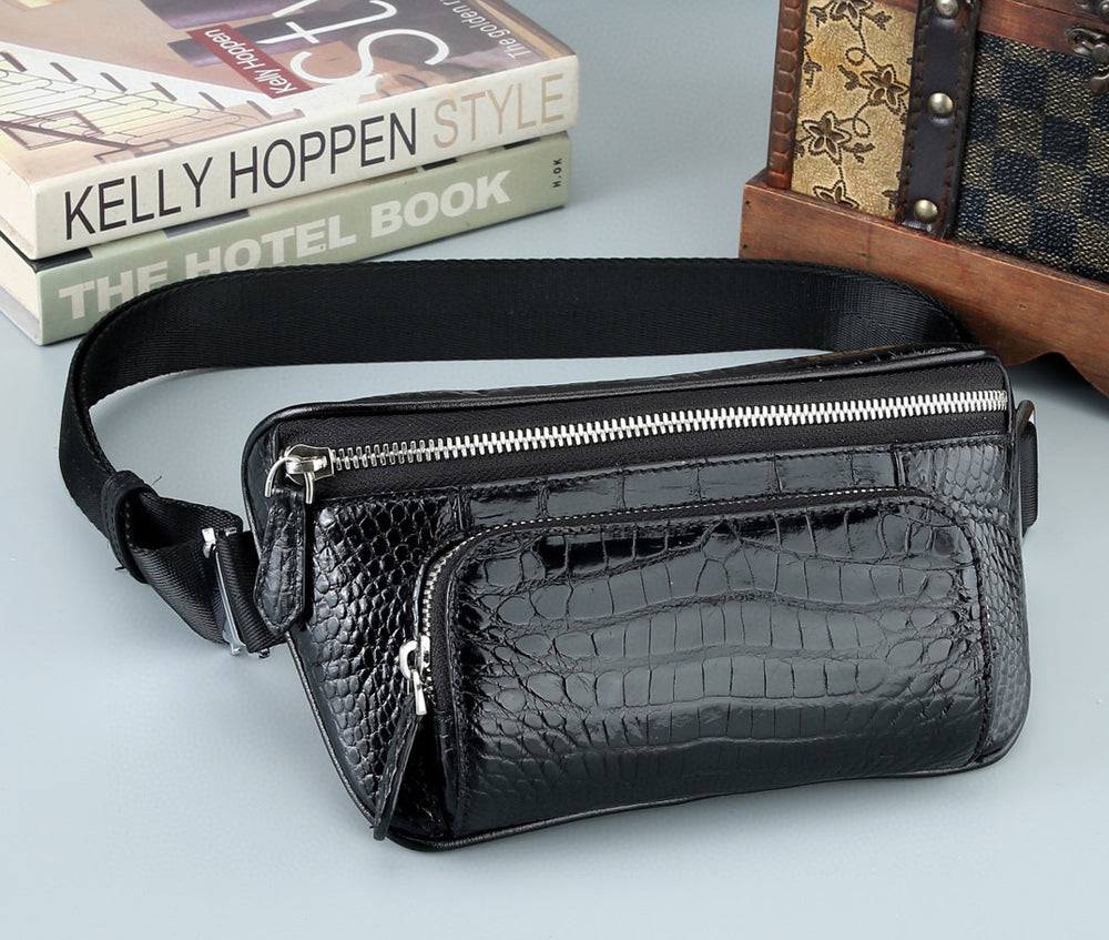 Unisex Crocodile Belly Leather Chest Waist Sling Cross Body Bag