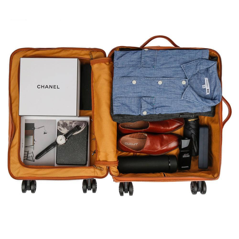 Unisex Genuine Vintage Vegetable Tanned Leather Carry On Business Trolley Bag Rotate Universal Wheel 20 Inch Travelling Luggage Bag