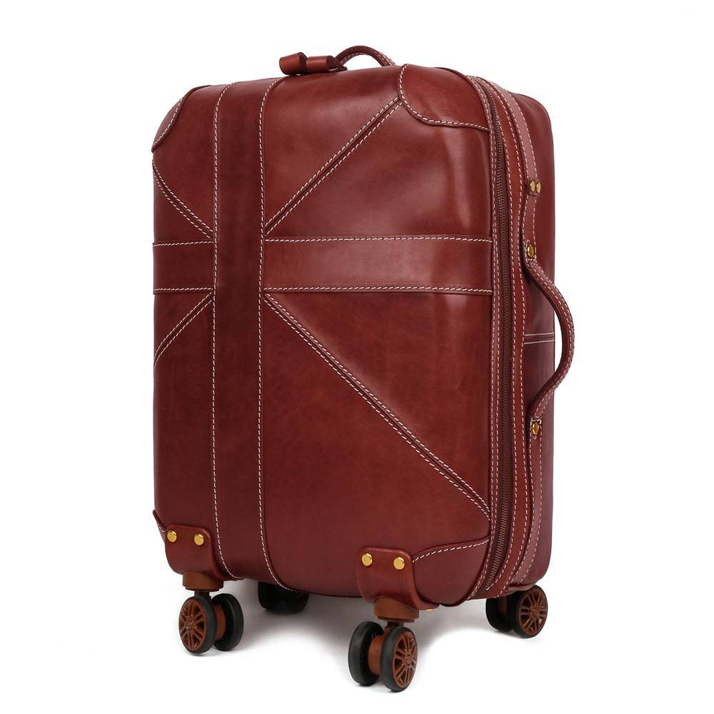 Unisex Genuine Vintage Vegetable Tanned Leather Carry On Business Trolley Bag Rotate Universal Wheel 20 Inch Travelling Luggage Bag