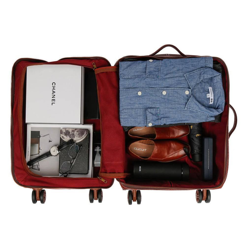 Unisex Genuine Vintage Vegetable Tanned Leather Carry On Business Trolley Bag Rotate Universal Wheel 20 Inch Travelling Luggage Bag