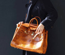 Unisex Large Vintage Vegetable Tanned Leather Padlock Tote Bag