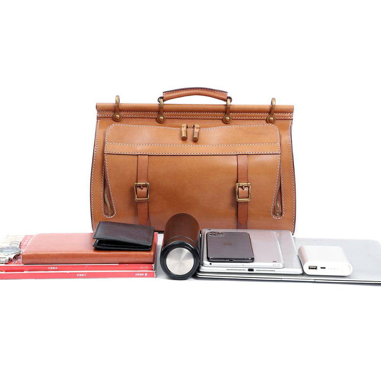Unisex Vintage Genuine Vegetable- Tanned Leather Medium Weekender Duffle Gym Travel Bag For Men & Women With a Luggage  Sleeve