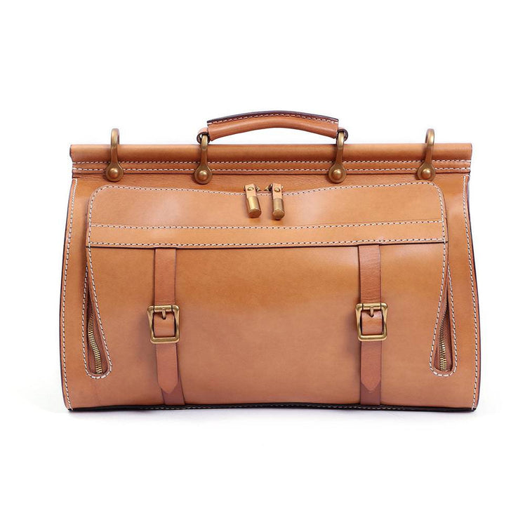 Unisex Vintage Genuine Vegetable- Tanned Leather Medium Weekender Duffle Gym Travel Bag For Men & Women With a Luggage  Sleeve