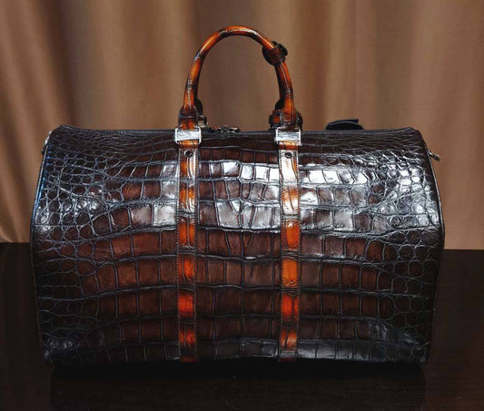 Vintage Brown Genuine Crocodile Leather Large Duffel Bag