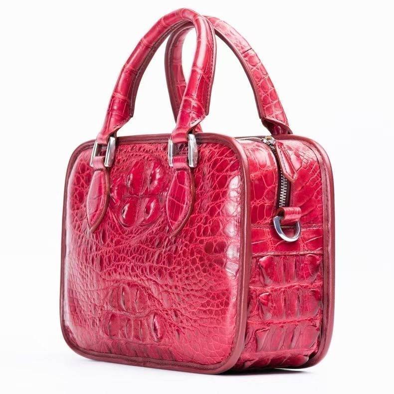 Vintage Crocodile Bone Leather Tote Small Top Handle Bag Vintage Red