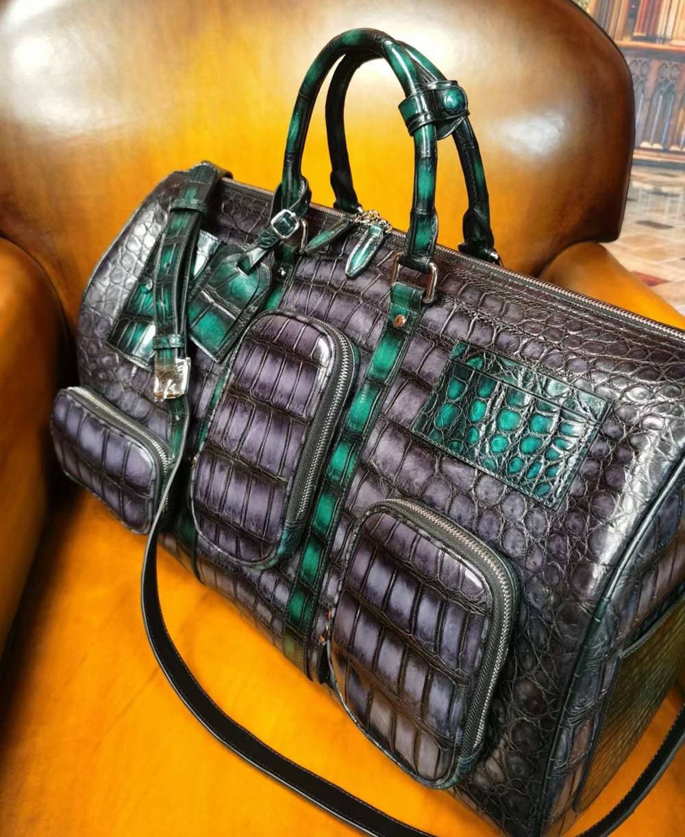 Vintage Green  Genuine Crocodile Leather Large Duffel Bag