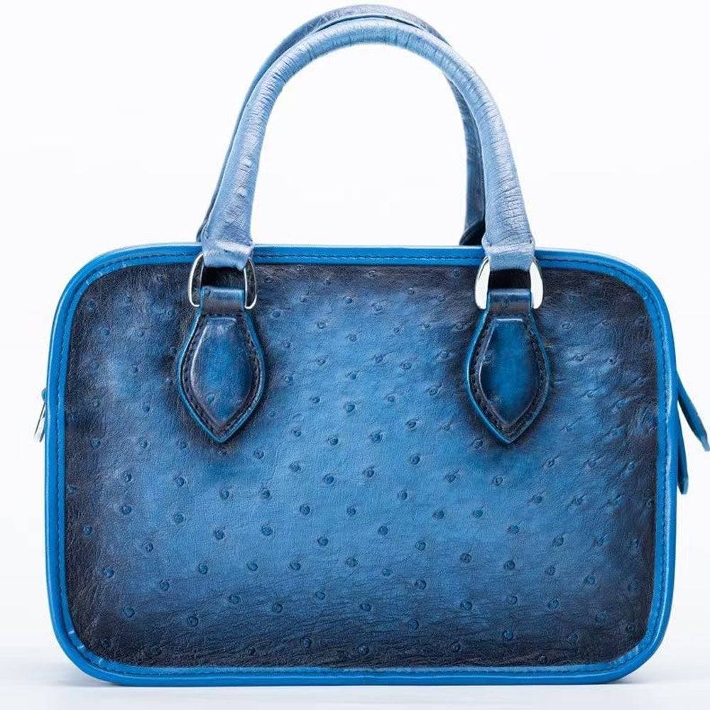 Vintage Ostrich Leather Tote Small Top Handle Bag Blue