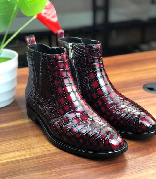 Crocodile Shoes Vintage Wine Red Chelsea Boots