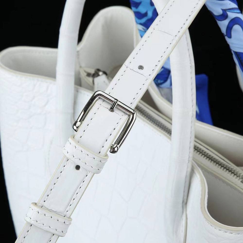 White Genuine Crocodile Leather Top Handle Shoulder Bag