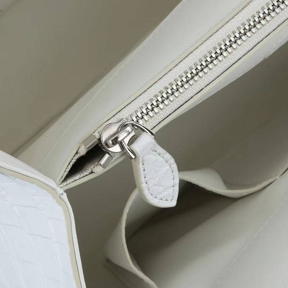 White Genuine Crocodile Leather Top Handle Shoulder Bag