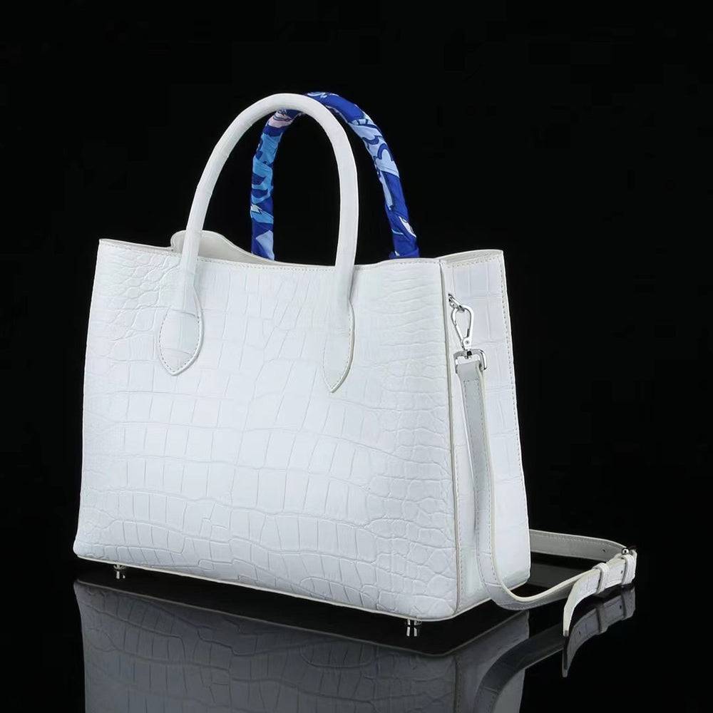 White Genuine Crocodile Leather Top Handle Shoulder Bag