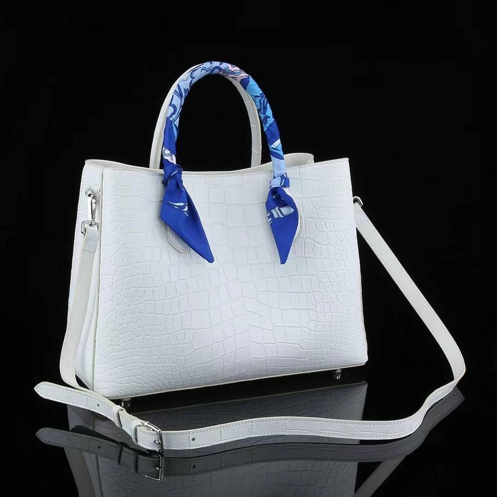 White Genuine Crocodile Leather Top Handle Shoulder Bag