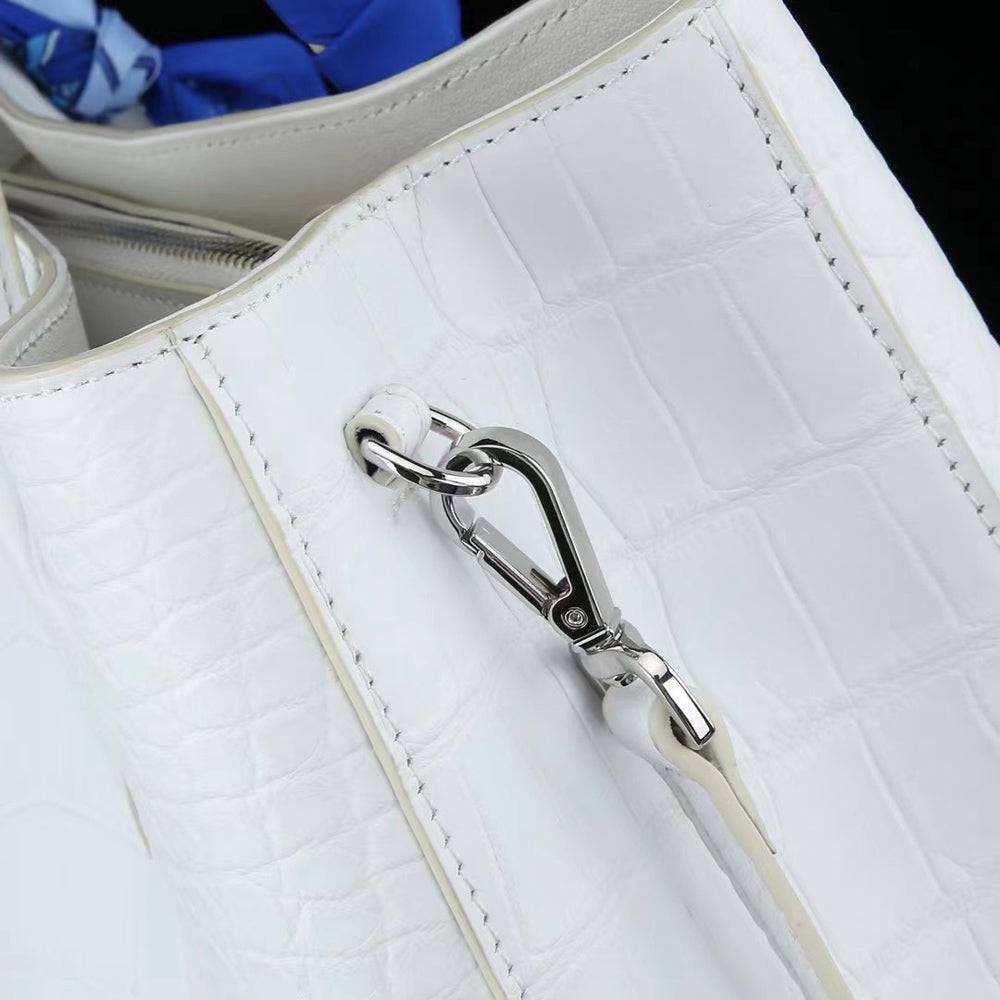 White Genuine Crocodile Leather Top Handle Shoulder Bag