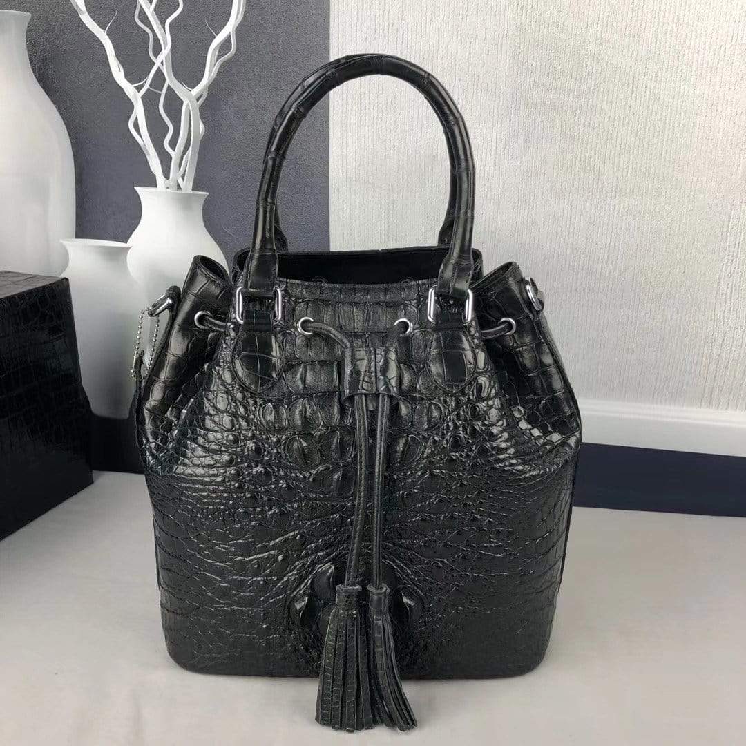 Women Crocodile Leather Drawstring Shoulder Handle Bag